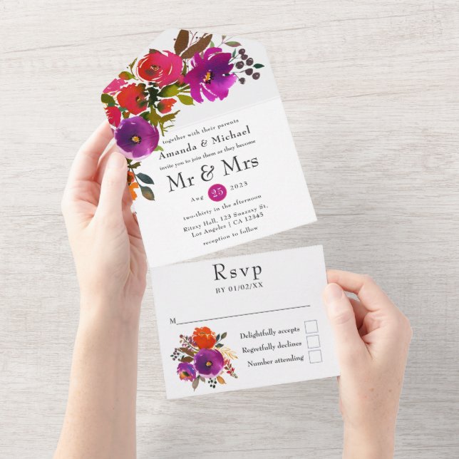 Purple and Orange Floral Wedding All In One Invitation (Tearaway)