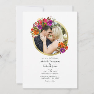 Purple and Orange Floral Wedding Photo Invitation