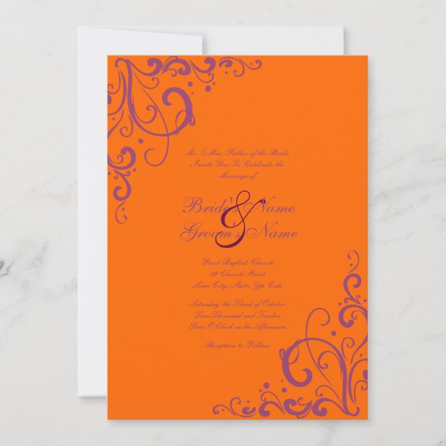 Purple and Orange Flourish Wedding Invitation (Front)