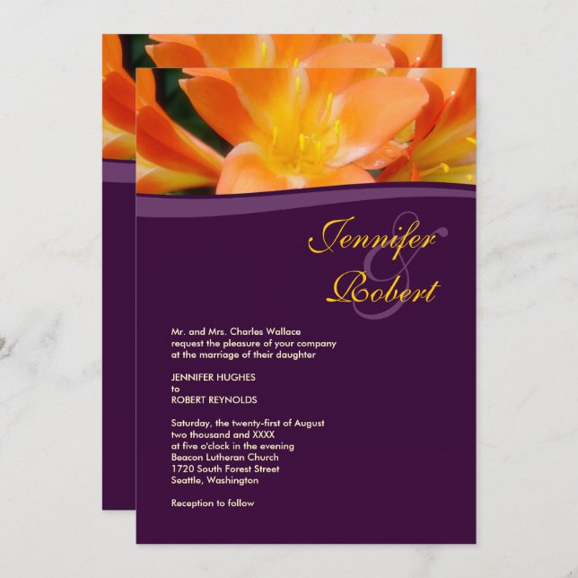 Purple and Orange Formal Wedding Invitation (Front/Back)