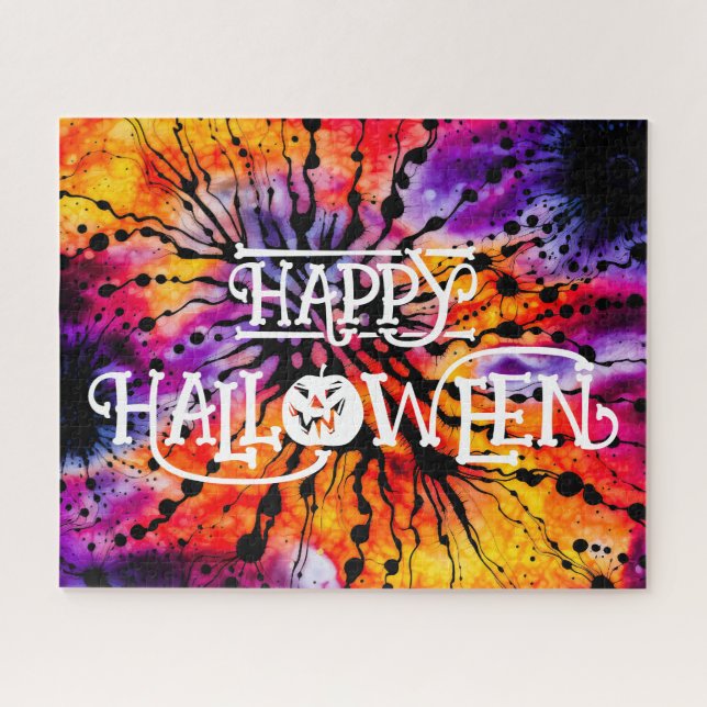 Purple and Orange Happy Halloween Tie Dye Jigsaw Puzzle (Horizontal)