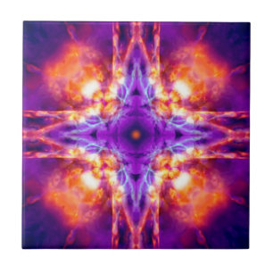 Purple and orange kaleidoscope cross ceramic tile