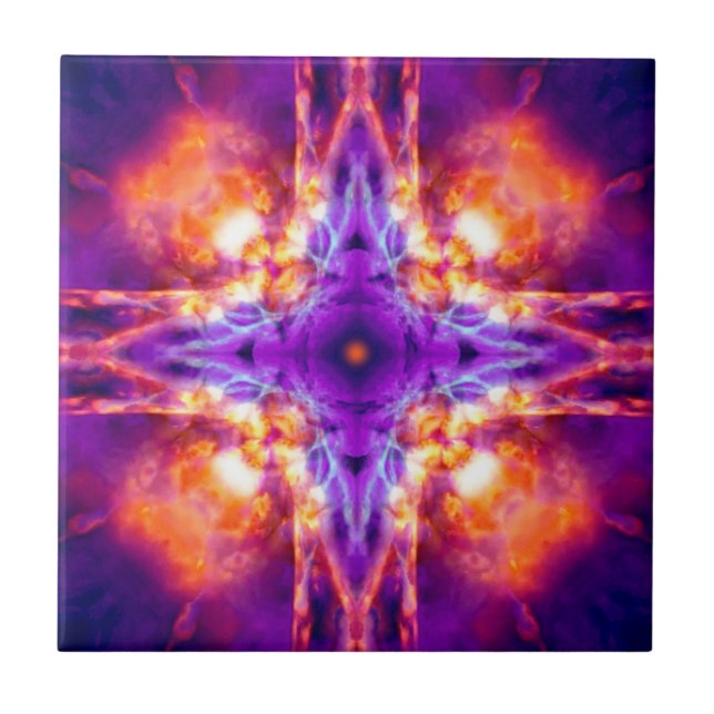 Purple and orange kaleidoscope cross ceramic tile (Front)