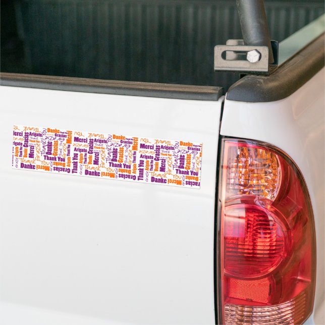 Purple and Orange Multilingual Thank You Bumper Sticker (On Truck)