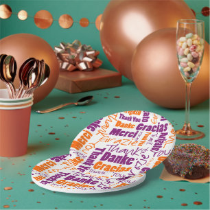 Purple and Orange Multilingual Thank You Paper Plate