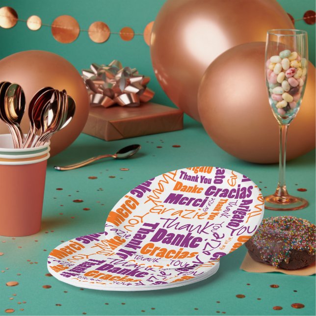 Purple and Orange Multilingual Thank You Paper Plate (Multi)