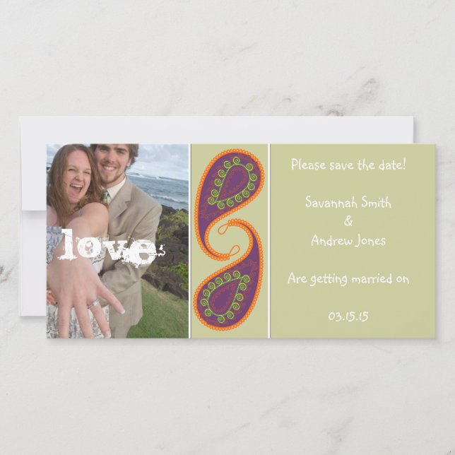 Purple and Orange Paisley Save the Date Your Photo (Front)