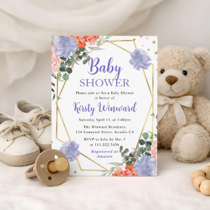 Purple and Orange Summer Flowers Frame Baby Shower Invitation