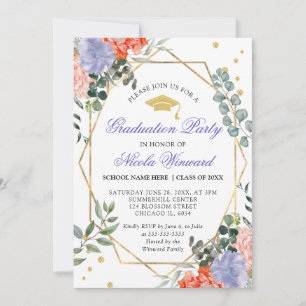 Purple and Orange Summer Flowers Graduation Invitation