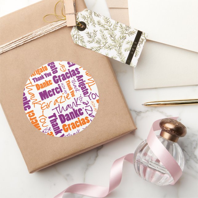 Purple and Orange Thank You Word Cloud Classic Round Sticker (Gifting)