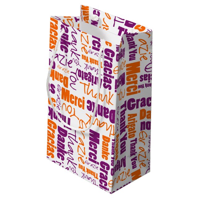 Purple and Orange Thank You Word Cloud Small Gift Bag (Back Angled)