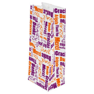 Purple and Orange Thank You Word Cloud Wine Gift Bag