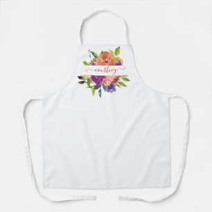 Purple and orange watercolor floral personalised apron