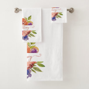 Purple and orange watercolor floral personalised  bath towel set