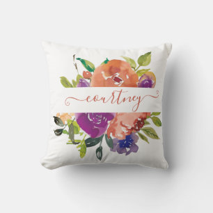Purple and orange watercolor floral personalised cushion