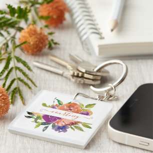 Purple and orange watercolor floral personalised key ring