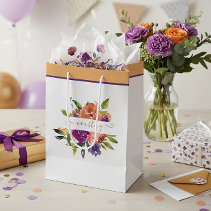 Purple and orange watercolor floral personalised  medium gift bag