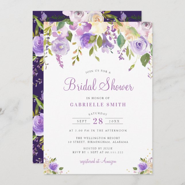 purple and peach floral bridal shower invitation (Front/Back)