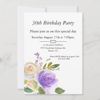 Purple and Peach Watercolor, Customisable Birthday Invitation