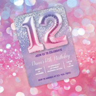 Purple and Pink 12th Birthday Balloon  Invitation
