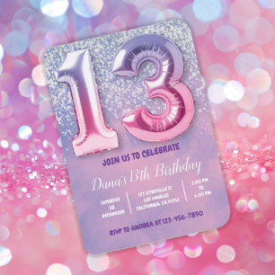 Purple and Pink 13th Birthday Balloon Invitation