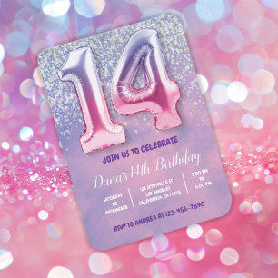 Purple and Pink 14th Birthday Balloon Invitation