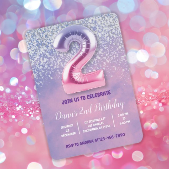 Purple and Pink 2nd Birthday Balloon  Invitation (Creator Uploaded)
