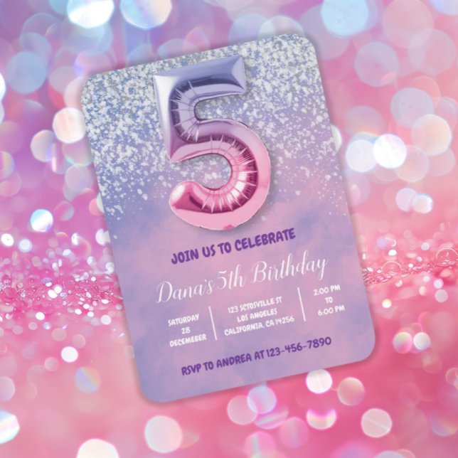 Purple and Pink 5th Birthday Balloon  Invitation (Creator Uploaded)