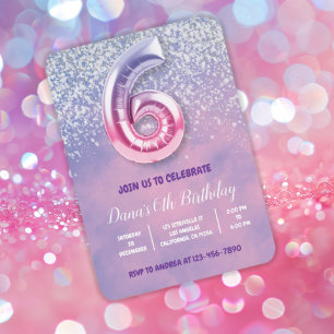 Purple and Pink 6th Birthday Balloon Invitation
