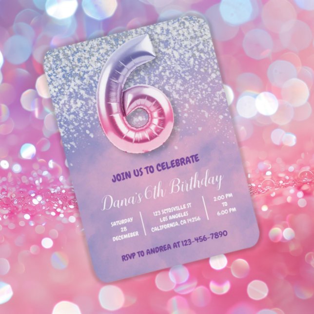 Purple and Pink 6th Birthday Balloon  Invitation (Creator Uploaded)