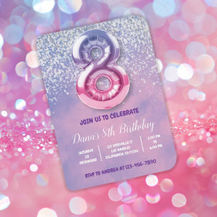 Purple and Pink 8th Birthday Balloon Invitation