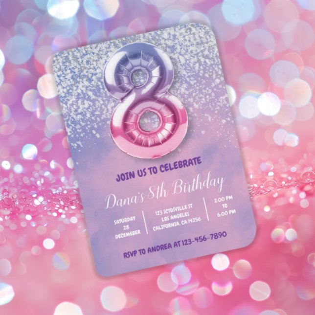 Purple and Pink 8th Birthday Balloon  Invitation (Creator Uploaded)