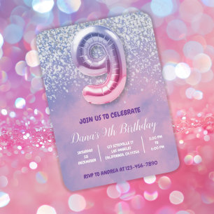 Purple and Pink 9th Birthday Balloon  Invitation