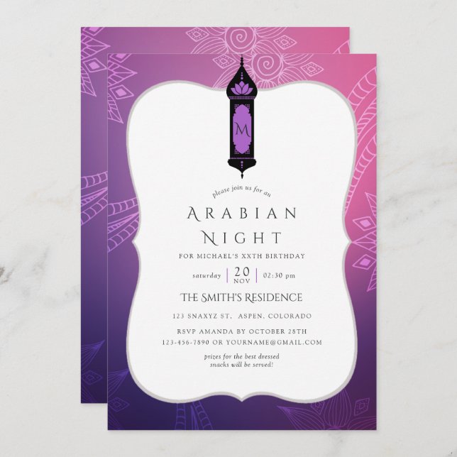 Purple and Pink Arabian Nights Themed Party Invitation (Front/Back)