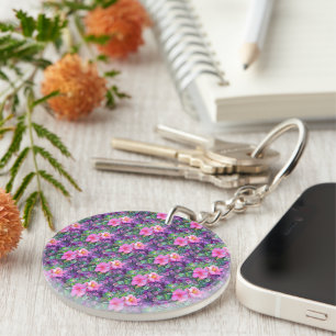 Purple and pink botanical floral pattern key ring