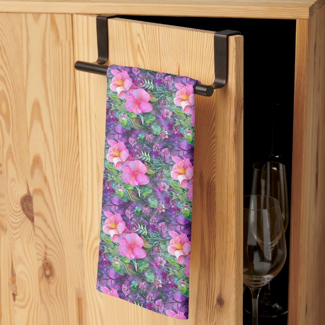 Purple and pink botanical floral pattern tea towel (Thirds Fold)