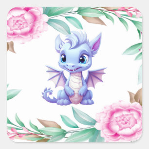 Purple and Pink Dragon Peony Girl Baby Shower Square Sticker