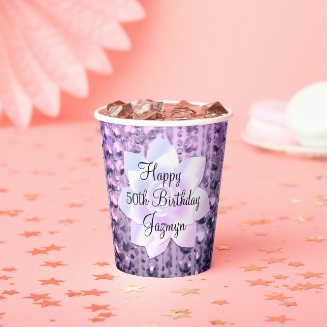 Purple and Pink Elegant Beaded Birthday  Paper Cups (Insitu)