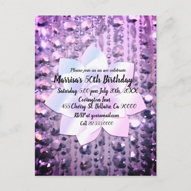 Purple and Pink Elegant  Beaded Birthday Postcard (Front)