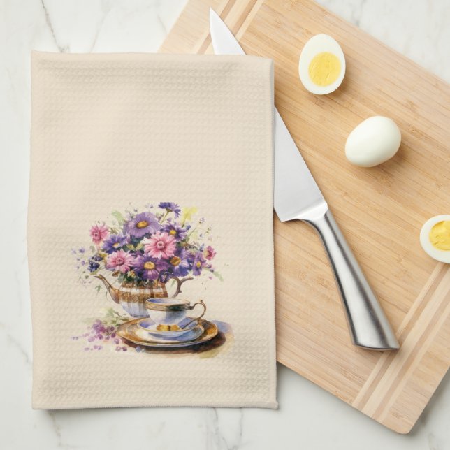 Purple and Pink Fall Bouquet Tea Set Tea Towel (Quarter Fold)
