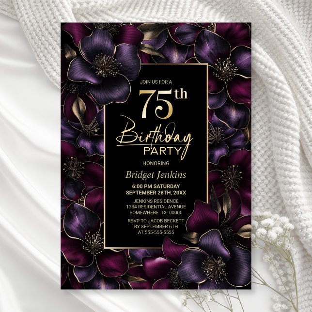 Purple and Pink Floral 75th Birthday Party Invitation (Creator Uploaded)