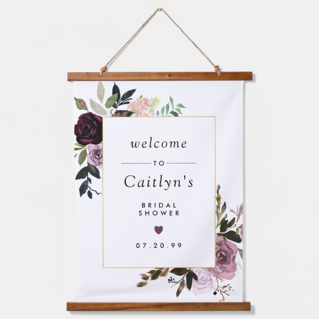 Purple and Pink Floral Bridal Shower Welcome Hanging Tapestry (Front)