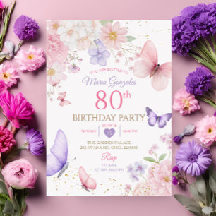 Purple and Pink Floral Butterfly 80th Birthday Invitation