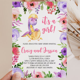 Purple and Pink Floral Dinosaur Baby Shower Invitation