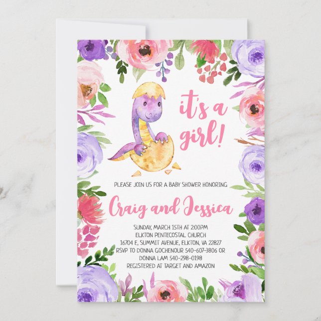 Purple and Pink Floral Dinosaur Baby Shower Invitation (Front)