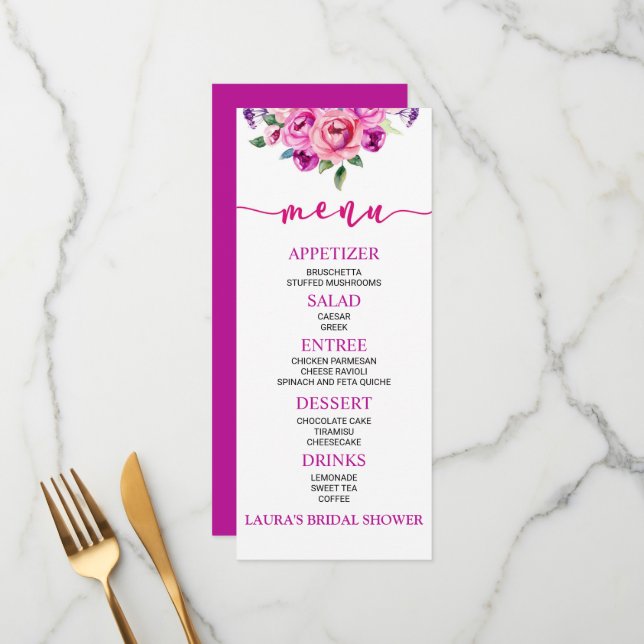 Purple and Pink Floral Flower Bridal Shower Food Menu (Front/Back In Situ)