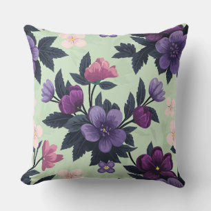 Purple and Pink Floral on Light Green Background Cushion