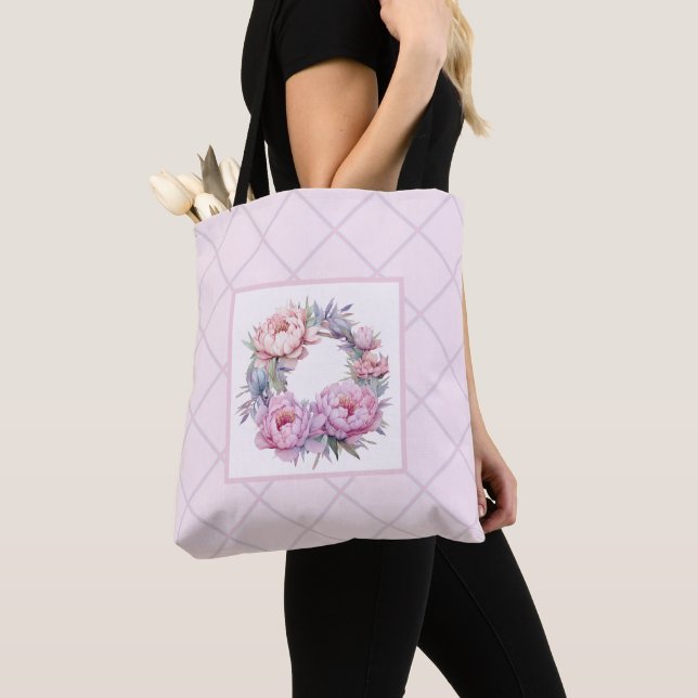 purple and pink floral pattern tote bag (Close Up)