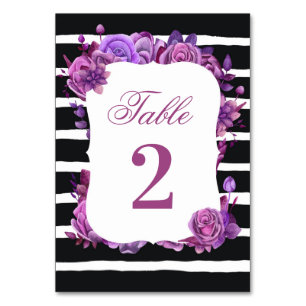 Purple and pink floral wedding. Black stripes Table Number