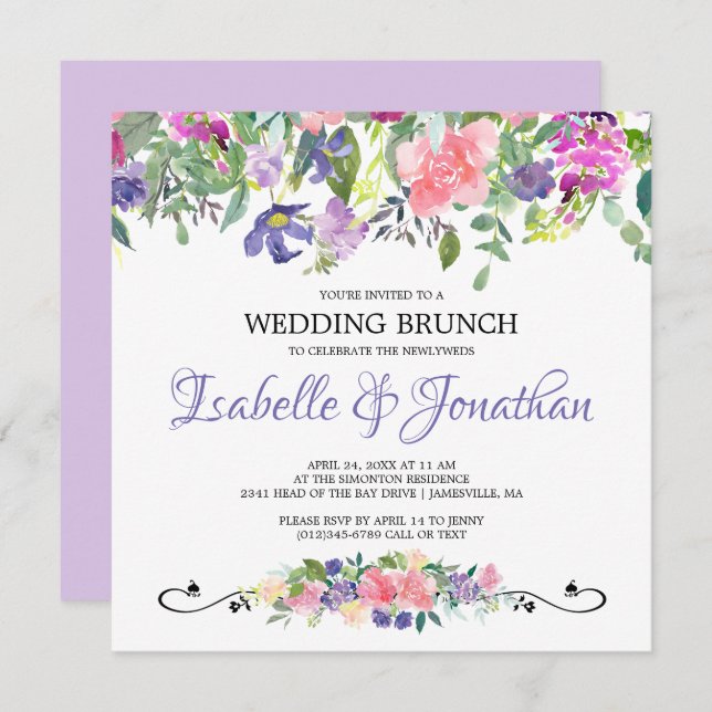 Purple and Pink Floral Wedding Brunch Invitations (Front/Back)
